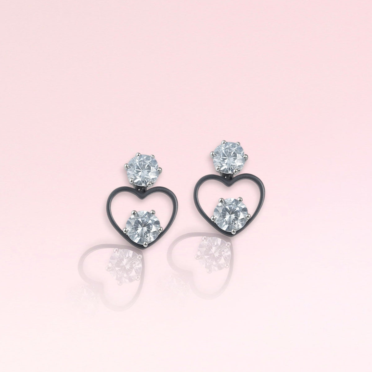 EL ARO Black Open Heart Double CZ Solitaire Drop Earrings