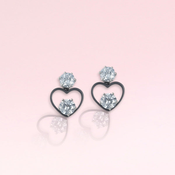 EL ARO Black Open Heart Double CZ Solitaire Drop Earrings