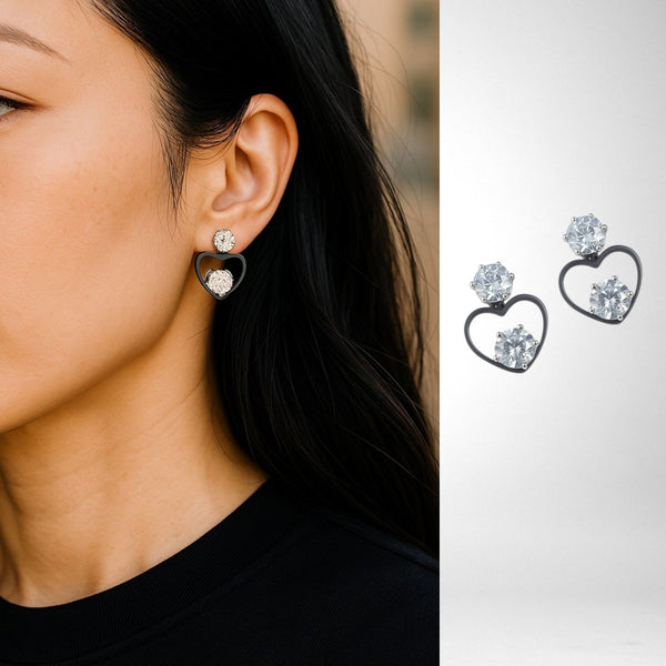 EL ARO Black Open Heart Double CZ Solitaire Drop Earrings