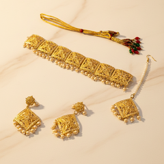 EL ARO  Bridal Gold Choker Necklace Set with Maang Tikka and Drop Earrings For Women