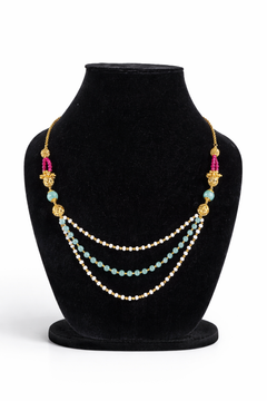 EL ARO Triple Strand Aqua Crystal & Gold Bead Necklace with Filigree Accents