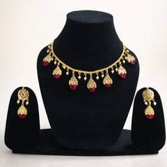 EL ARO Gold Floral Jhumka Necklace Set with Pink, Purple & Black Bead Drops