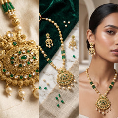 EL ARO Traditional Gold-Plated Emerald and Pearl Long Necklace Set with Matching Drop Earrings