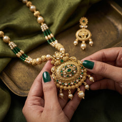 EL ARO Traditional Gold-Plated Emerald and Pearl Long Necklace Set with Matching Drop Earrings