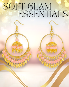 EL ARO Gold Hoop Jhumka Earrings with Mint Green Beads & Leaf Drops