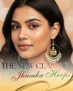 EL ARO Gold Hoop Jhumka Earrings with Mint Green Beads & Leaf Drops