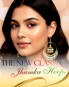 EL ARO Gold Hoop Jhumka Earrings with Mint Green Beads & Leaf Drops