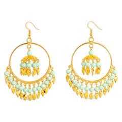 EL ARO Gold Hoop Jhumka Earrings with Mint Green Beads & Leaf Drops