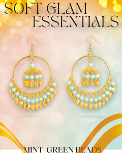 EL ARO Gold Hoop Jhumka Earrings with Mint Green Beads & Leaf Drops