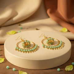 EL ARO Gold Hoop Jhumka Earrings with Mint Green Beads & Leaf Drops