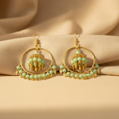 EL ARO Gold Hoop Jhumka Earrings with Mint Green Beads & Leaf Drops