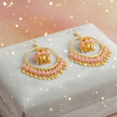 EL ARO Gold Hoop Jhumka Earrings with Mint Green Beads & Leaf Drops