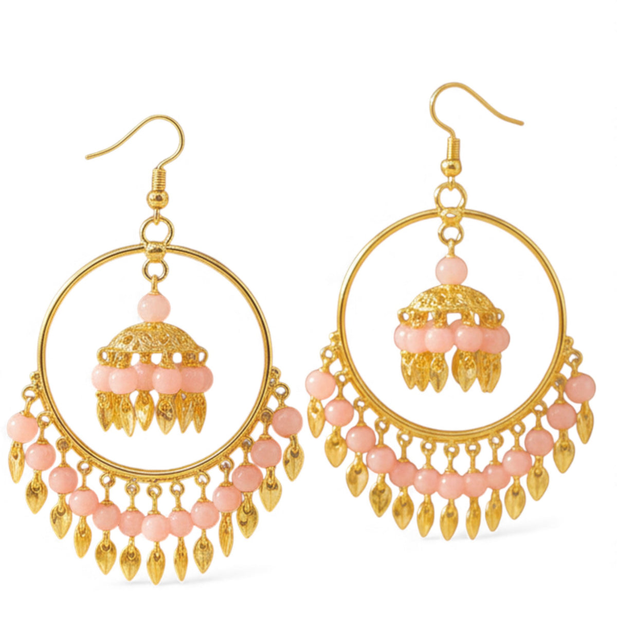 EL ARO Gold Hoop Jhumka Earrings with Mint Green Beads & Leaf Drops