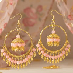 EL ARO Gold Hoop Jhumka Earrings with Mint Green Beads & Leaf Drops