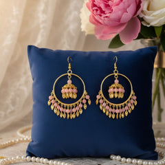 EL ARO Gold Hoop Jhumka Earrings with Mint Green Beads & Leaf Drops