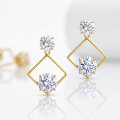 EL ARO Golden Open Diamond Frame Double CZ Solitaire Drop Earrings