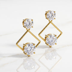 EL ARO Golden Open Diamond Frame Double CZ Solitaire Drop Earrings