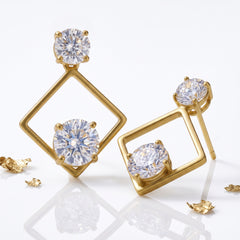 EL ARO Golden Open Diamond Frame Double CZ Solitaire Drop Earrings
