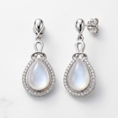 Elaro Silver Moonstone Teardrop Drop Earrings with CZ Halo