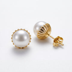 EL ARO Oversized Pearl Button Stud Earrings with Gold Bead Halo