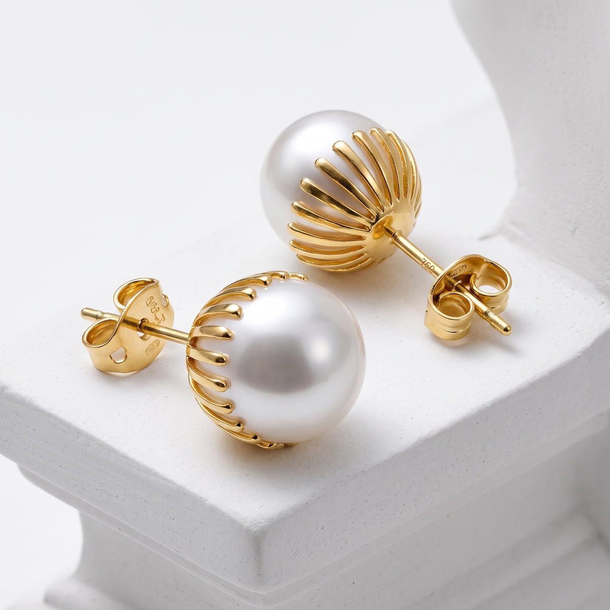 EL ARO Oversized Pearl Button Stud Earrings with Gold Bead Halo