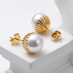 EL ARO Oversized Pearl Button Stud Earrings with Gold Bead Halo