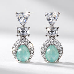 EL ARO Silver Aqua Chalcedony Teardrop Drop Earrings with CZ Trio