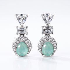 EL ARO Silver Aqua Chalcedony Teardrop Drop Earrings with CZ Trio