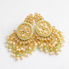 EL ARO Gold Kundan Chandbali Earrings with Mint Green Beads & Pearl Fringe