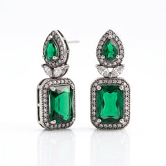 Elaro Silver Emerald Green Emerald-Cut CZ Drop Earrings with Pear Stud