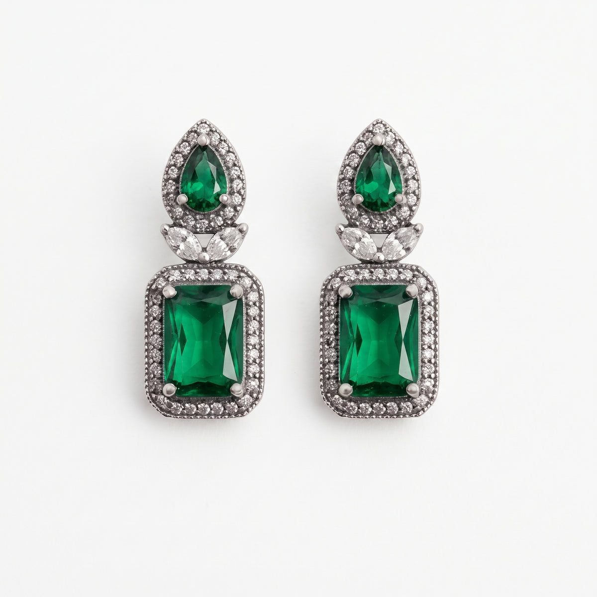 Elaro Silver Emerald Green Emerald-Cut CZ Drop Earrings with Pear Stud