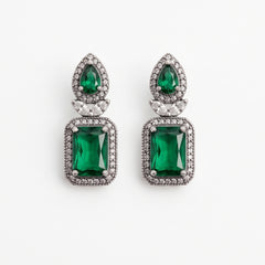 Elaro Silver Emerald Green Emerald-Cut CZ Drop Earrings with Pear Stud