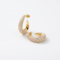 EL ARO Elegant Gold Tear-Drop Hoop Earrings with Encrusted Pavé Zirconia Stones
