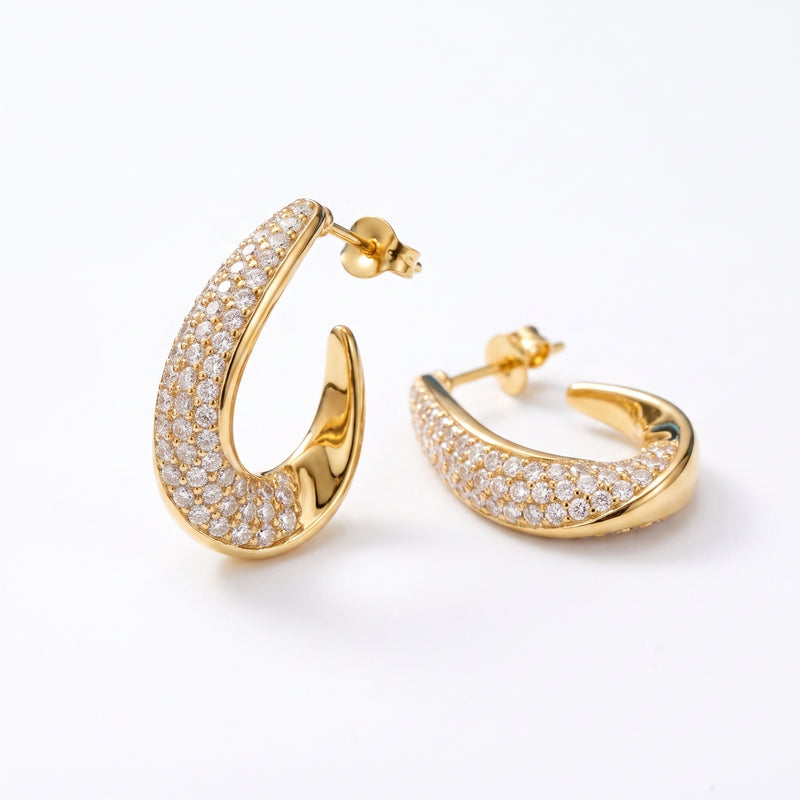 EL ARO Elegant Gold Tear-Drop Hoop Earrings with Encrusted Pavé Zirconia Stones