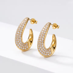 EL ARO Elegant Gold Tear-Drop Hoop Earrings with Encrusted Pavé Zirconia Stones
