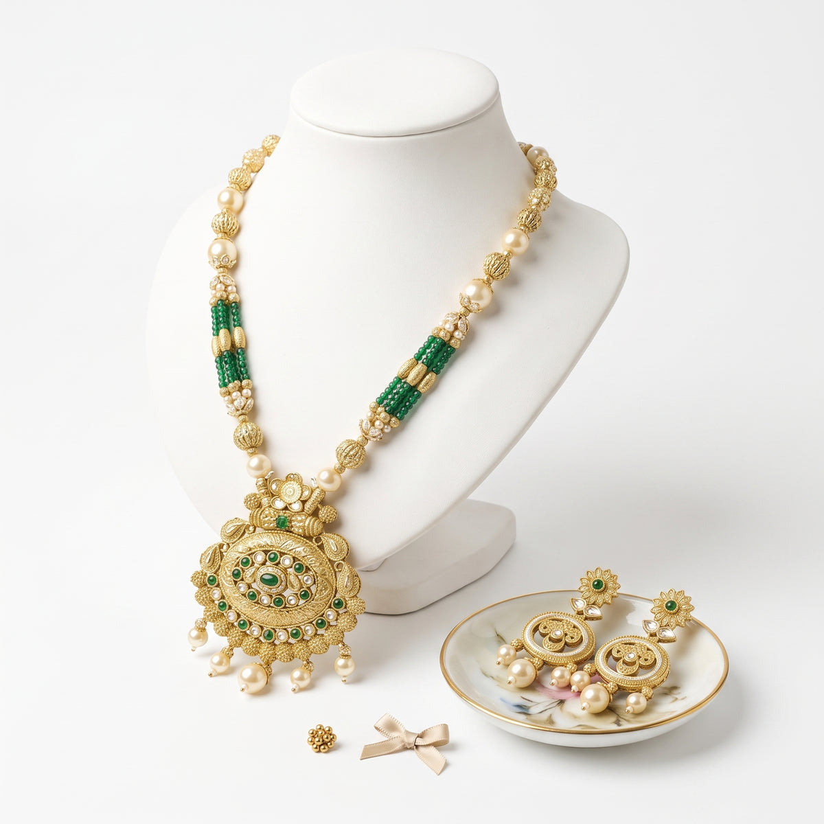 EL ARO Traditional Gold-Plated Emerald and Pearl Long Necklace Set with Matching Drop Earrings