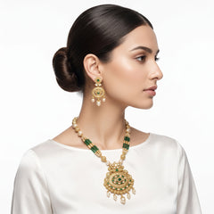 EL ARO Traditional Gold-Plated Emerald and Pearl Long Necklace Set with Matching Drop Earrings