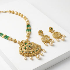 EL ARO Traditional Gold-Plated Emerald and Pearl Long Necklace Set with Matching Drop Earrings