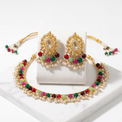 EL ARO Traditional Gold-Plated Multi-Color Beaded Choker Necklace Set with Matching Drop Earrings