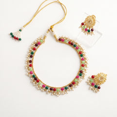 EL ARO Traditional Gold-Plated Multi-Color Beaded Choker Necklace Set with Matching Drop Earrings