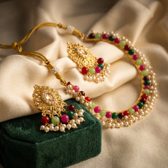 EL ARO Traditional Gold-Plated Multi-Color Beaded Choker Necklace Set with Matching Drop Earrings