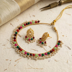 EL ARO Traditional Gold-Plated Multi-Color Beaded Choker Necklace Set with Matching Drop Earrings