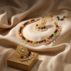EL ARO Traditional Gold-Plated Multi-Color Beaded Choker Necklace Set with Matching Drop Earrings