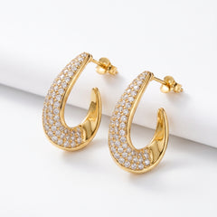 EL ARO Elegant Gold Tear-Drop Hoop Earrings with Encrusted Pavé Zirconia Stones
