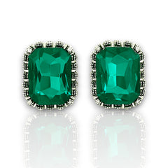 EL ARO Vintage Silver Emerald-Cut Green Crystal Stud Earrings with Marcasite Border