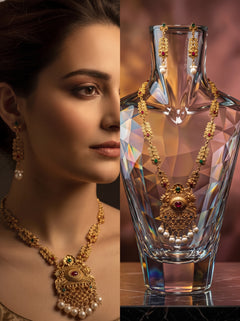 Elaro Gold Kundan Lotus Choker Necklace Set with Ruby Bead Drops