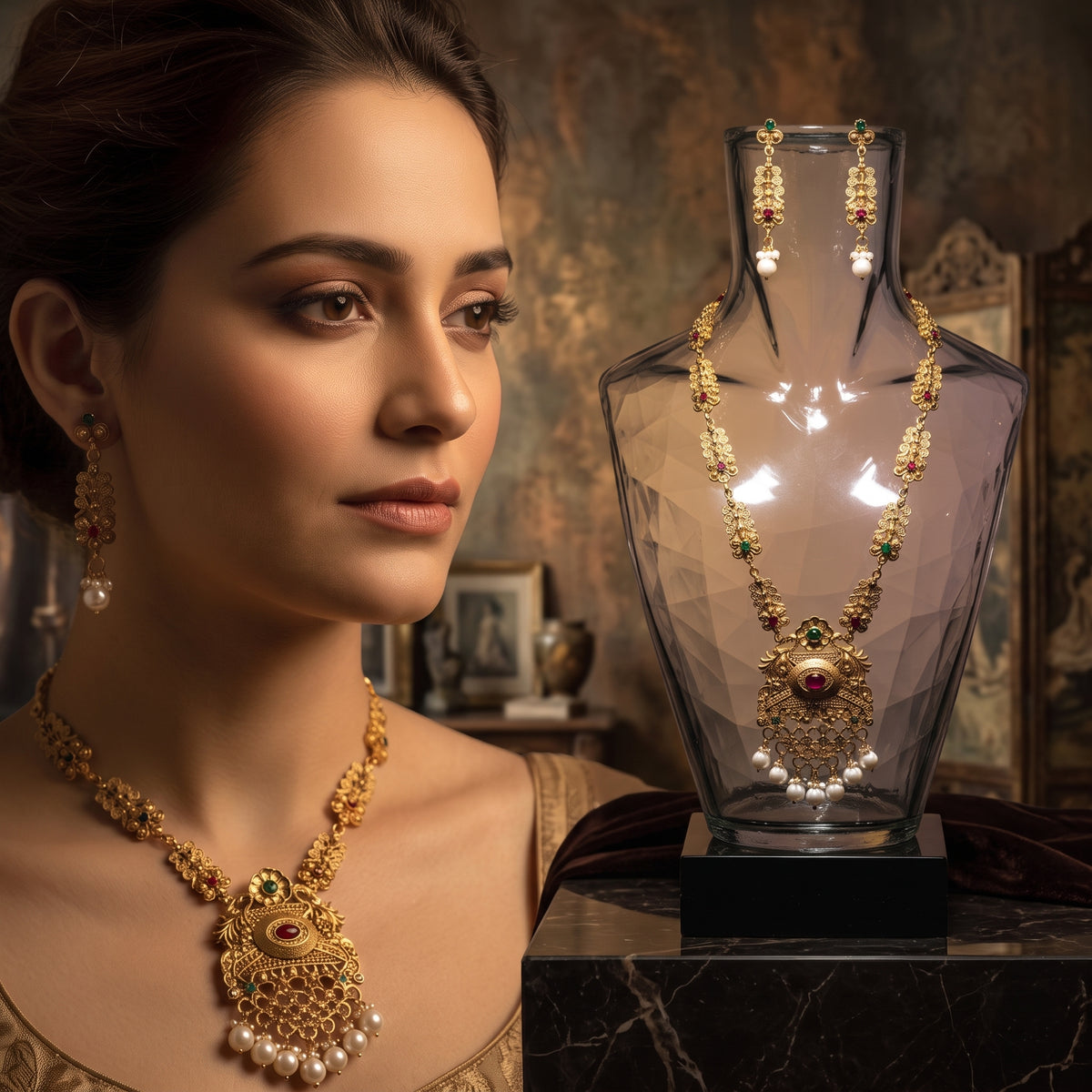 Elaro Gold Kundan Lotus Choker Necklace Set with Ruby Bead Drops