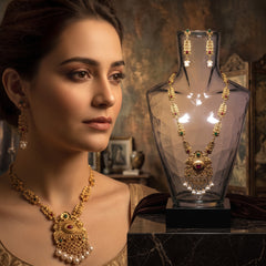 Elaro Gold Kundan Lotus Choker Necklace Set with Ruby Bead Drops
