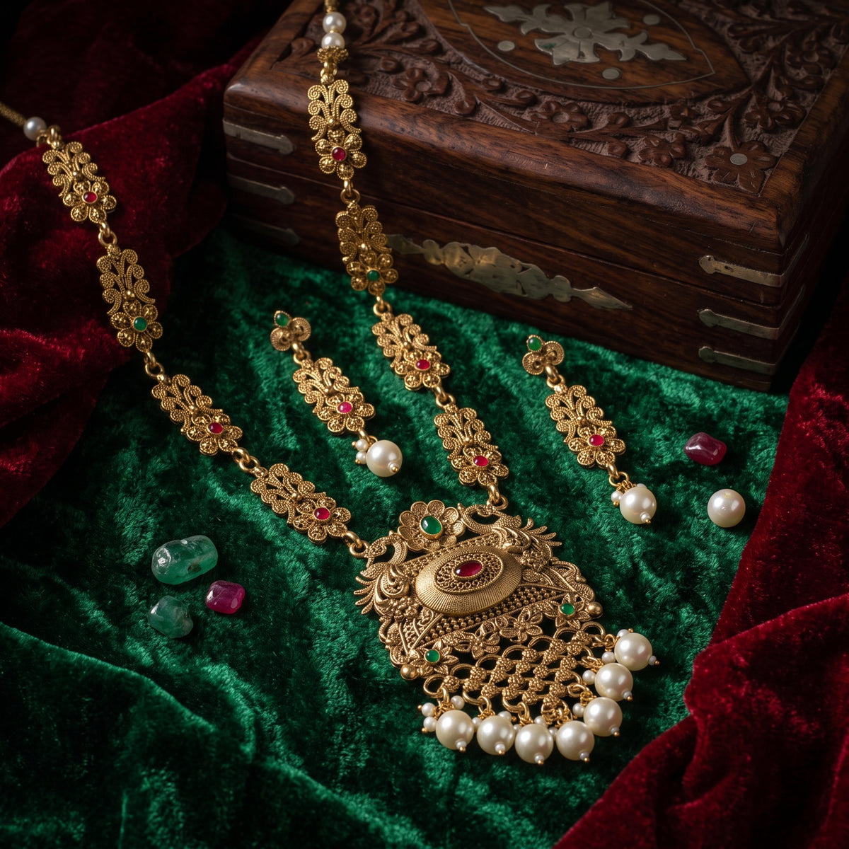 Elaro Gold Kundan Lotus Choker Necklace Set with Ruby Bead Drops
