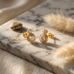 Elaro Luxury Pearl & CZ Halo Drop Earrings — Gold Bridal Collection